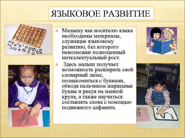 ЯЗЫКОВОЕ РАЗВИТИЕ Малышу как носителю языка необходимы материалы, служащие языковому развитию, без которого невозможен