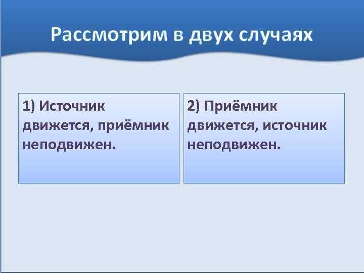 Рассмотрим в двух случаях 1) Источник движется, приёмник неподвижен. 2) Приёмник движется, источник неподвижен.