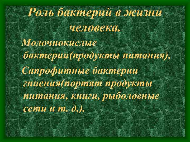 Роль бактерий в жизни человека. Молочнокислые бактерии(продукты питания). Сапрофитные бактерии гниения(портят продукты питания, книги,