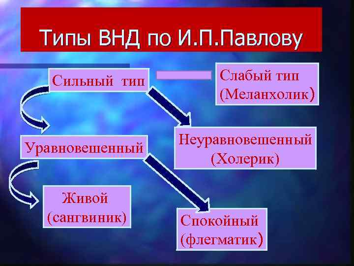 Типы ВНД по И. П. Павлову Сильный тип Слабый тип (Меланхолик) Уравновешенный Неуравновешенный (Холерик)