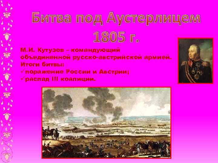 Битва под Аустерлицем 1805 г. М. И. Кутузов – командующий объединенной русско-австрийской армией. Итоги