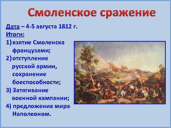 Смоленское сражение Дата – 4 -5 августа 1812 г. Итоги: 1) взятие Смоленска французами;