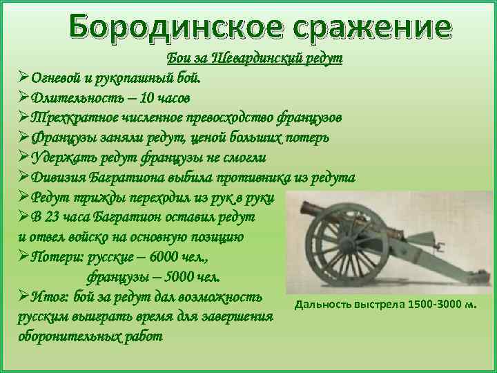 Бородинское сражение Бои за Шевардинский редут ØОгневой и рукопашный бой. ØДлительность – 10 часов