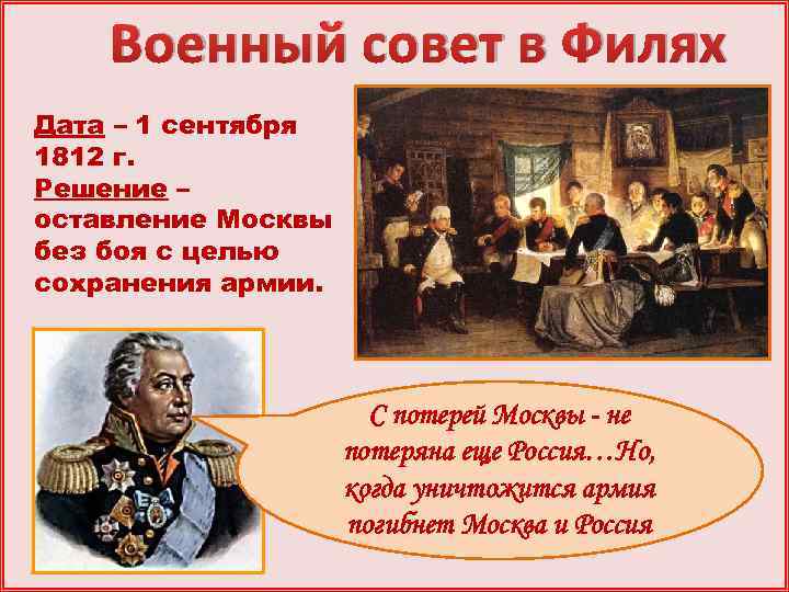 Военный совет в Филях Дата – 1 сентября 1812 г. Решение – оставление Москвы