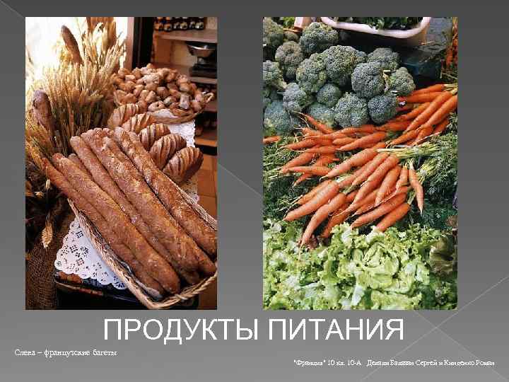 ПРОДУКТЫ ПИТАНИЯ Слева – французские багеты "Франция" 10 кл. 10 -А Делали Балазан Сергей