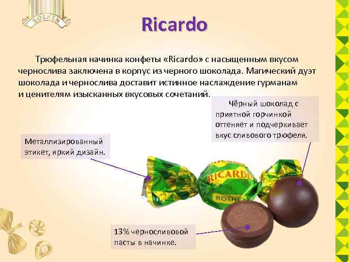 Ricardo Трюфельная начинка конфеты «Ricardo» с насыщенным вкусом чернослива заключена в корпус из черного