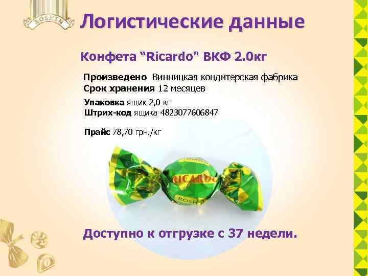 Логистические данные Конфета “Ricardo