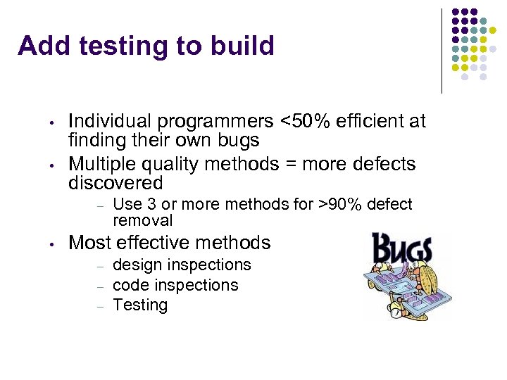 Add testing to build • • Individual programmers <50% efficient at finding their own