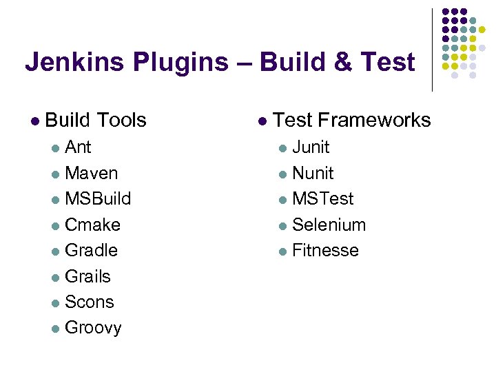 Jenkins Plugins – Build & Test l Build Tools l Test Frameworks l Ant