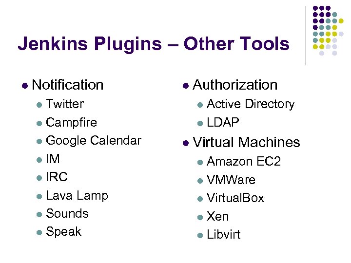 Jenkins Plugins – Other Tools l Notification l Authorization l Twitter l Active l