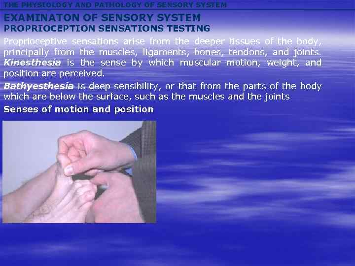 THE PHYSIOLOGY AND PATHOLOGY OF SENSORY SYSTEM EXAMINATON OF SENSORY SYSTEM PROPRIOCEPTION SENSATIONS TESTING