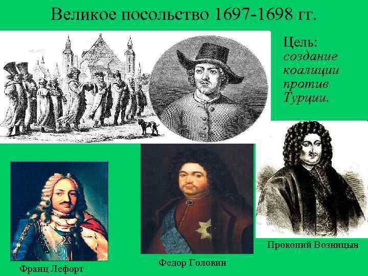 Великое посольство 1697 -1698 гг. Цель: создание коалиции против Турции. Прокопий Возницын Франц Лефорт