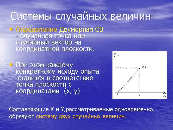 Системы случайных величин • Определение Двумерная СB - случайная точка или случайный вектор на