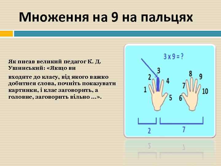 Множення на 9 на пальцях Як писав великий педагог К. Д. Ушинський: «Якщо ви