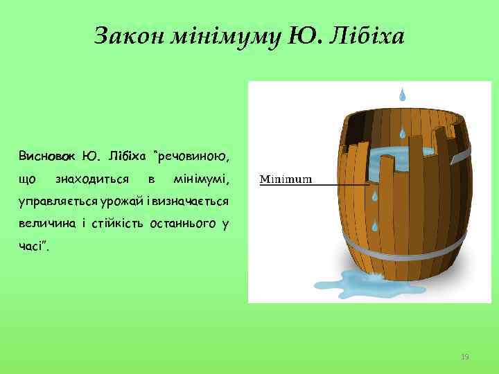 Закон мінімуму Ю. Лібіха Висновок Ю. Лібіха “речовиною, що знаходиться в мінімумі, управляється урожай