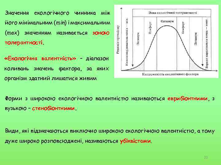 Значення екологічного чинника між його мінімальним (min) і максимальним (max) значенням називається зоною толерантності.