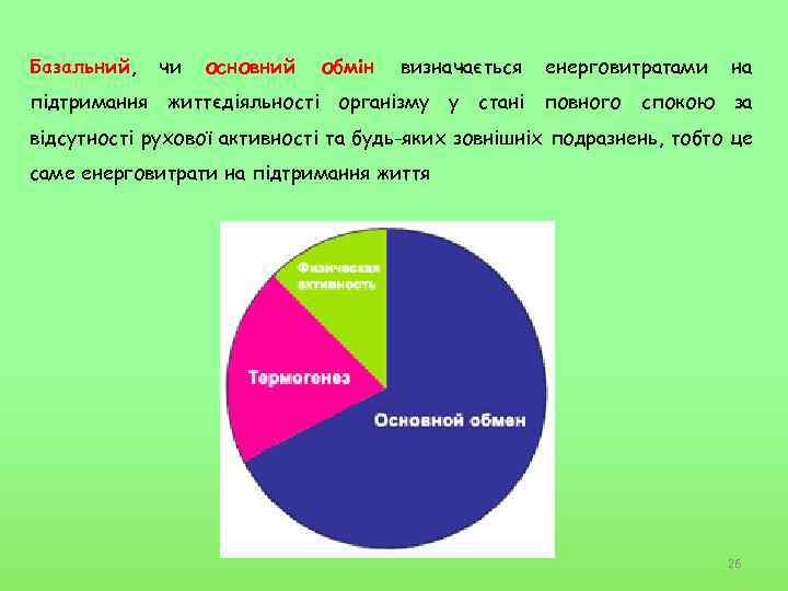 Базальний, чи основний обмін визначається енерговитратами на підтримання життєдіяльності організму у стані повного спокою