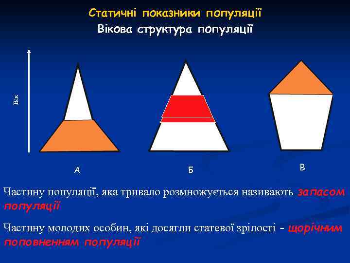 Вік Статичні показники популяції Вікова структура популяції А Б В Частину популяції, яка тривало