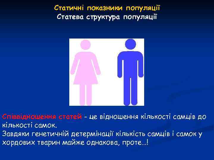 Статичні показники популяції Статева структура популяції Співвідношення статей - це відношення кількості самців до