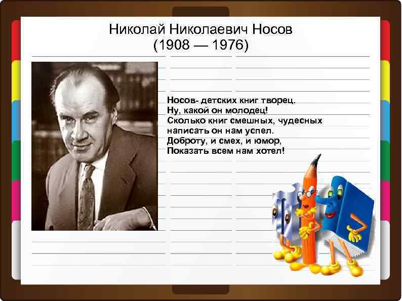 Николай Николаевич Носов (1908 — 1976) Носов- детских книг творец. Ну, какой он молодец!