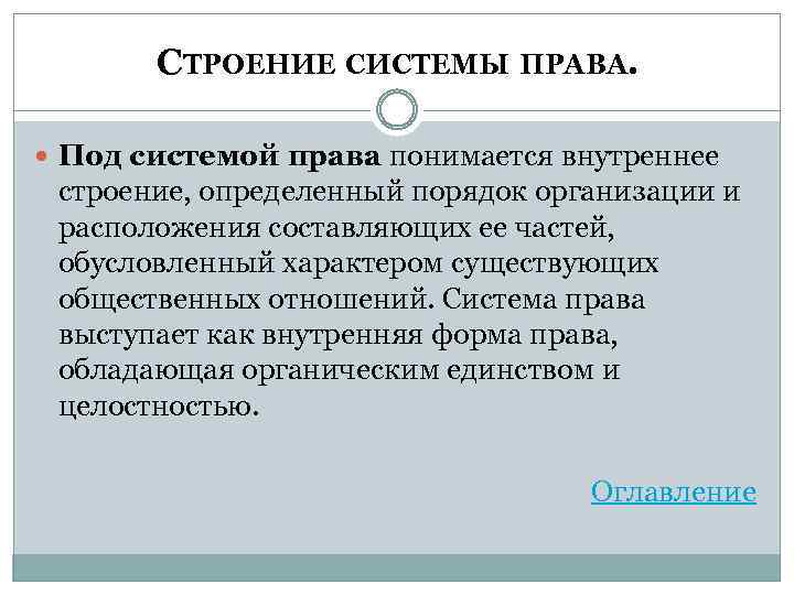 СТРОЕНИЕ СИСТЕМЫ ПРАВА. Под системой права понимается внутреннее строение, определенный порядок организации и расположения