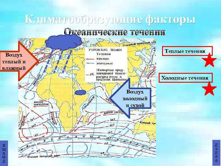 Климатообразующие факторы Океанические течения Теплые течения Воздух теплый и влажный Холодные течения Воздух холодный