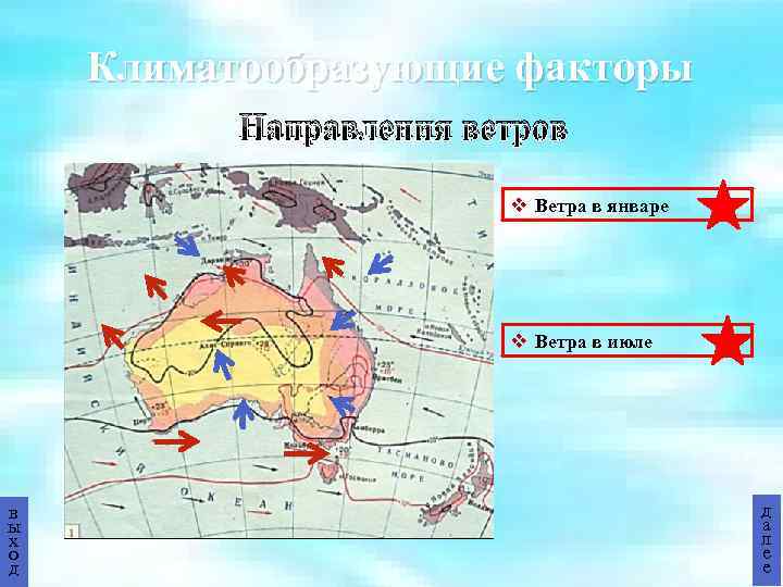 Климатообразующие факторы Направления ветров v Ветра в январе v Ветра в июле в ы