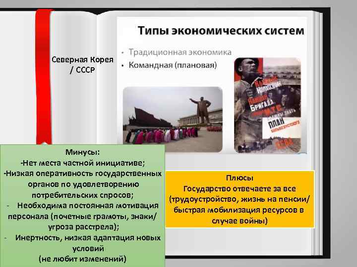 Северная Корея / СССР Минусы: -Нет места частной инициативе; -Низкая оперативность государственных Плюсы органов