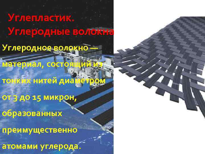 Углепластик. Углеродные волокна Углеродное волокно — материал, состоящий из тонких нитей диаметром от 3