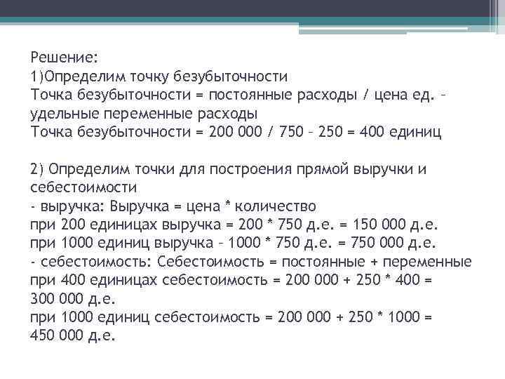 Решение: 1)Определим точку безубыточности Точка безубыточности = постоянные расходы / цена ед. – удельные