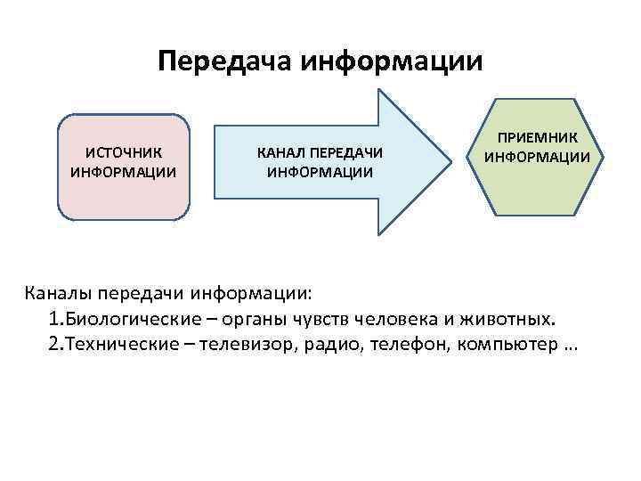Передача информации ИСТОЧНИК ИНФОРМАЦИИ КАНАЛ ПЕРЕДАЧИ ИНФОРМАЦИИ ПРИЕМНИК ИНФОРМАЦИИ Каналы передачи информации: 1. Биологические