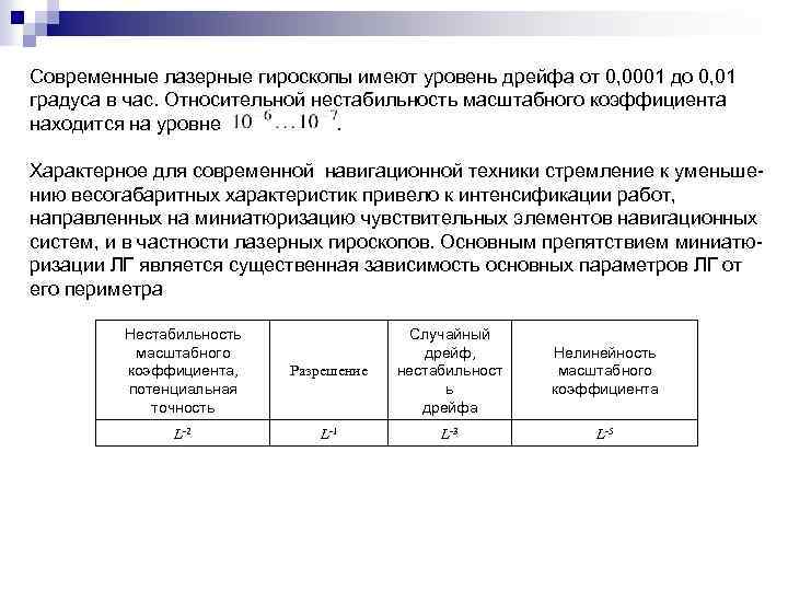 Современные лазерные гироскопы имеют уровень дрейфа от 0, 0001 до 0, 01 градуса в