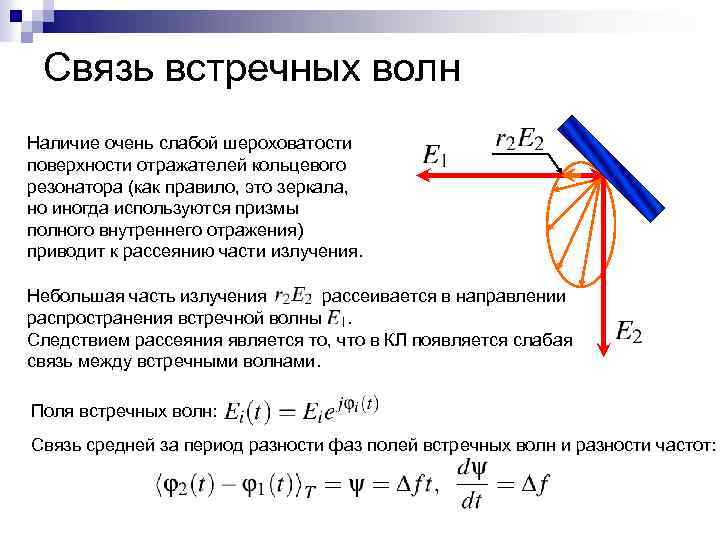 Связь встречных волн Наличие очень слабой шероховатости поверхности отражателей кольцевого резонатора (как правило, это