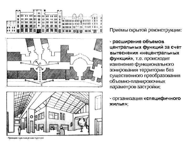 Приемы скрытой реконструкции: - расширение объемов центральных функций за счет вытеснения «нецентральных функций» ,