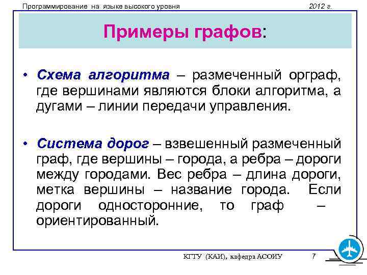 Программирование на языке высокого уровня 2012 г. Примеры графов: • Схема алгоритма – размеченный