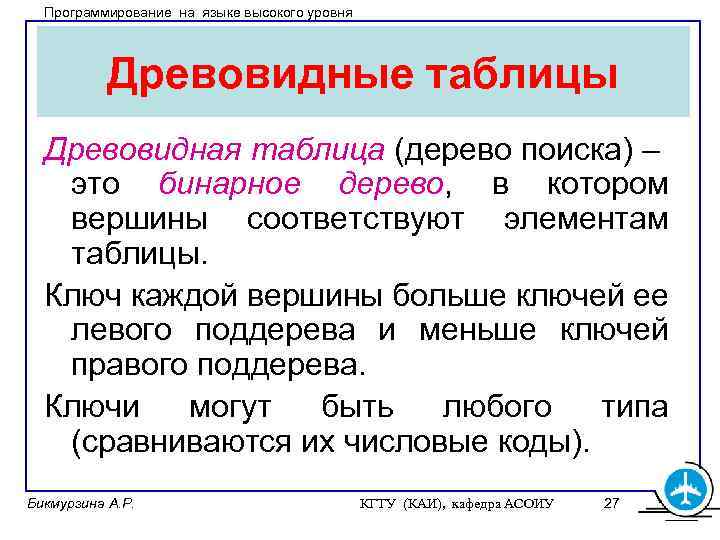 Программирование на языке высокого уровня Древовидные таблицы Древовидная таблица (дерево поиска) – это бинарное