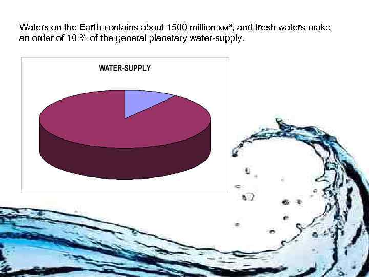 Waters on the Earth contains about 1500 million км³, and fresh waters make an