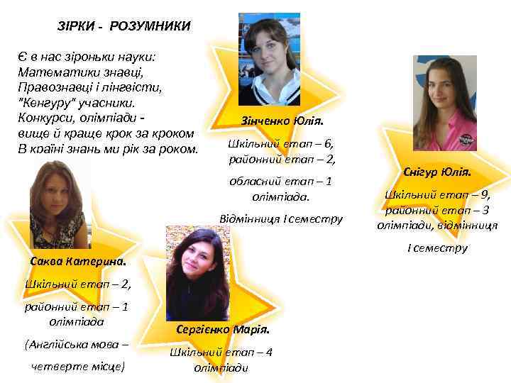 ЗІРКИ - РОЗУМНИКИ Є в нас зіроньки науки: Математики знавці, Правознавці і лінгвісти, 