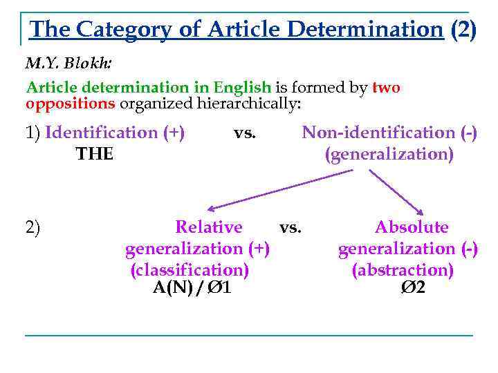 The Category of Article Determination (2) M. Y. Blokh: Article determination in English is