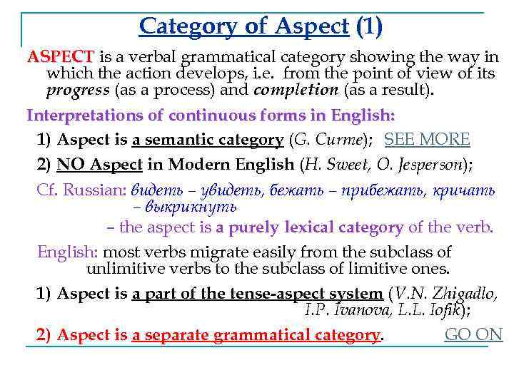 Category of Aspect (1) ASPECT is a verbal grammatical category showing the way in