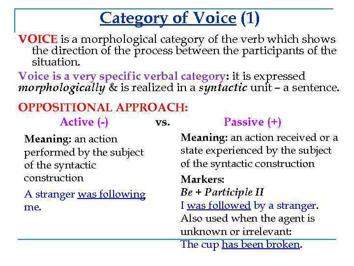 Category of Voice (1) VOICE is a morphological category of the verb which shows