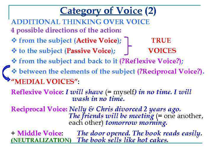 Category of Voice (2) ADDITIONAL THINKING OVER VOICE 4 possible directions of the action: