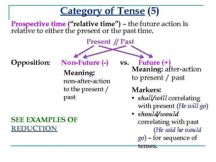 Category of Tense (5) Prospective time (“relative time”) – the future action is relative