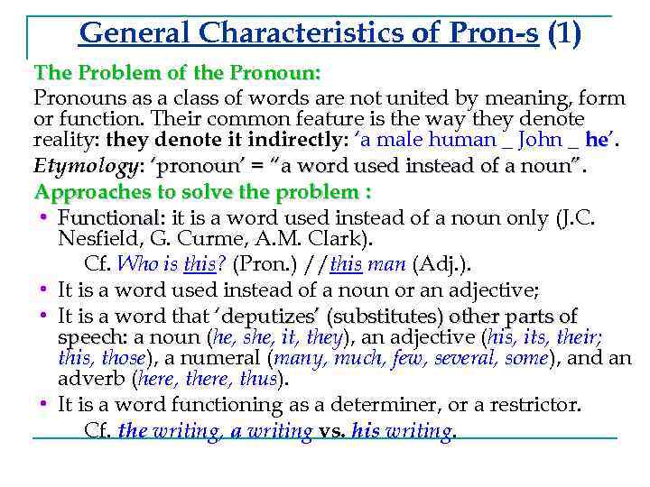 General Characteristics of Pron-s (1) The Problem of the Pronoun: Pronouns as a class