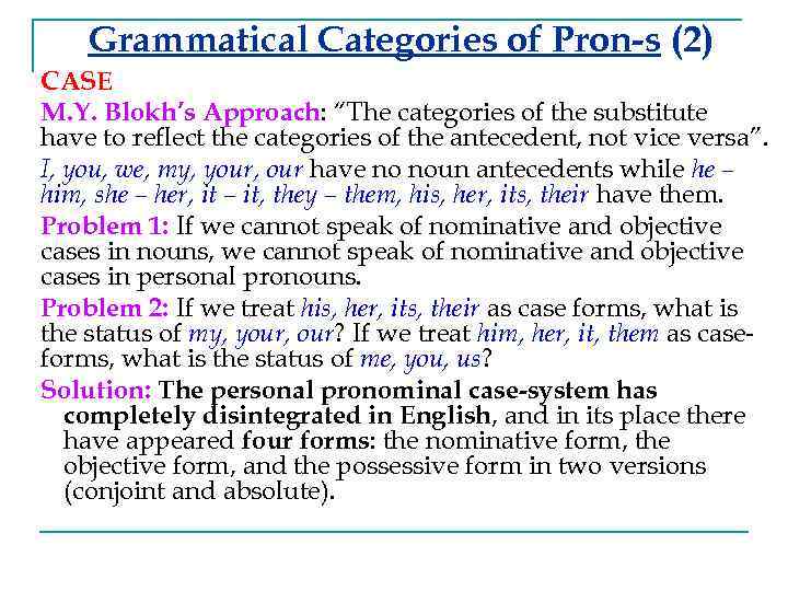 Grammatical Categories of Pron-s (2) CASE M. Y. Blokh’s Approach: “The categories of the