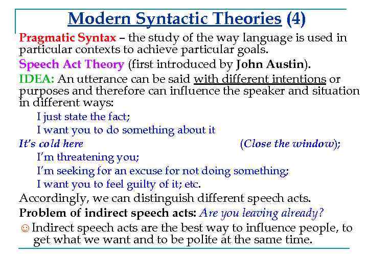 Modern Syntactic Theories (4) Pragmatic Syntax – the study of the way language is