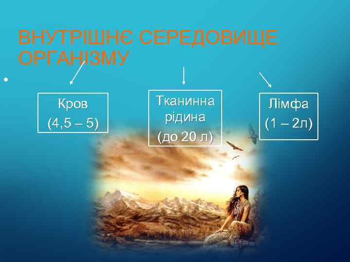 ВНУТРІШНЄ СЕРЕДОВИЩЕ ОРГАНІЗМУ • Кров (4, 5 – 5) Тканинна рідина (до 20 л)