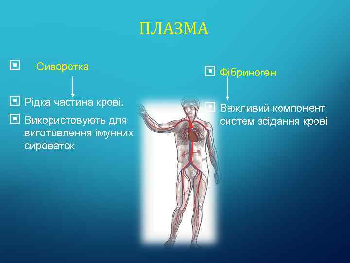 ПЛАЗМА Сиворотка Рідка частина крові. Використовують для виготовлення імунних сироваток Фібриноген Важливий компонент систем