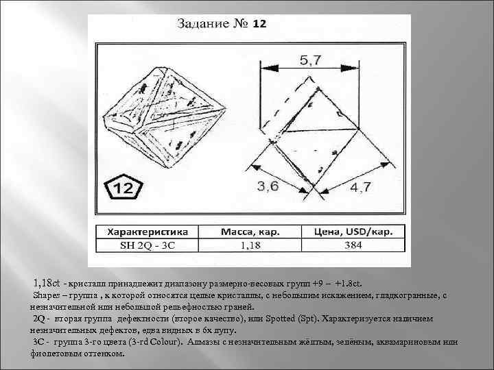 1, 18 ct - кристалл принадлежит диапазону размерно-весовых групп +9 – +1. 8 ct.