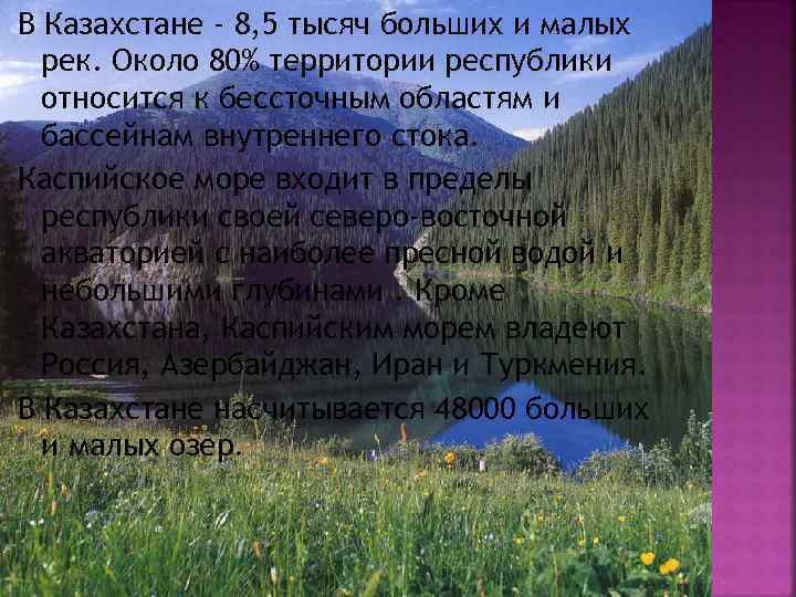 В Казахстане - 8, 5 тысяч больших и малых рек. Около 80% территории республики